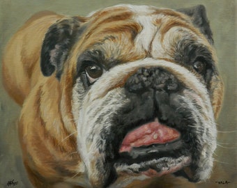 Dog Painting, Pet portrait, Custom Dog portrait, - Bulldog oil painting on canvas.  50% DEPOSIT. Handmade Custom pet portrait.
