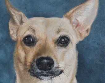 May include: A painting of a light brown dog with a pink collar and a silver tag. The dog is looking directly at the viewer with a serious expression. The background is a dark blue.