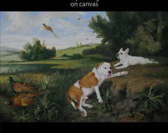 Custom Dog portraits, Pet portrait, Dog Painting, Dog Art - MULTIPLE dogs & landscape - oil painting custom size, from your photos