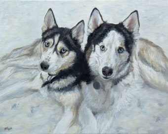 May include: Painting of two Siberian Huskies, one white and black, the other brown and black, with blue eyes, lying down and looking at the viewer.
