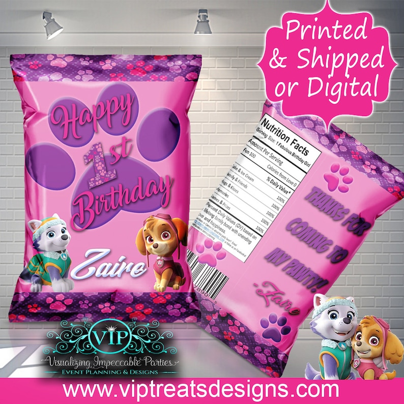 Skye Printable Paw Patrol Custom Favor Bags Digital- Download Party Custom Chip Bags Decorations Everest Birthday