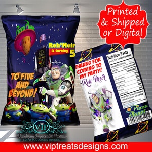 May include: A blue and white party favor bag with a Toy Story theme. The bag features Buzz Lightyear and the aliens from the movie. The text on the bag says "To Five and Beyond!" and "Thanks for coming to my party!"  The bag is decorated with stars and planets.