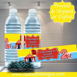 May include: Two clear plastic water bottles with yellow, red, and blue carnival-themed labels. The labels feature the text "Welcome to Graigs Carnival" and a red and white striped tent.