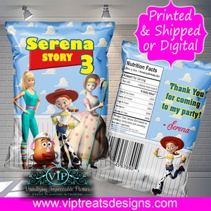 May include: A blue and white chip bag with a Toy Story theme. The bag features images of Woody, Jessie, and Mr. Potato Head. The text "Serena Story 3" is printed on the front of the bag. The back of the bag has a nutrition facts label and a thank you message.