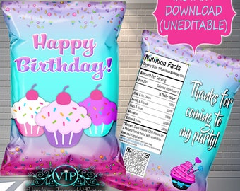 Cupcake Custom Favor Bags - Custom Chip Bags - Cupcake Party - Baking Birthday - Digital - Download - Imprimable - Décoration