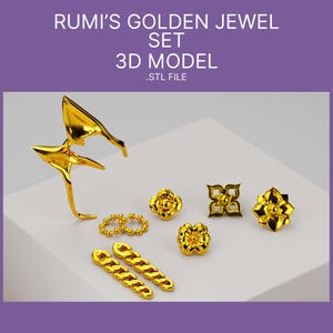 May include: A selection of gold jewellery items, including earrings, rings, and pendants, displayed on a white surface. The jewellery features detailed floral and geometric patterns. The text "RUMI'S GOLDEN JEWEL SET 3D MODEL .STL FILE" is visible.