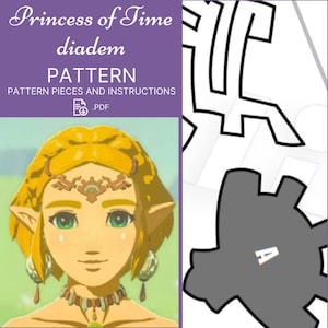 Op de afbeelding: Digitaal PDF-patroon voor een diadeem, met een karakterillustratie met blond haar en groene ogen. De tekst luidt "Princess of Time diadem PATTERN" en bevat patroondelen en instructies.
