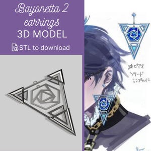 May include: A 3D model of Bayonetta 2 earrings. The design is a geometric triangle with a rose-like center. The image also shows a drawing of the earrings on a person's ear. Text on the image reads "Bayonetta 2 earrings 3D MODEL" and "STL to download."