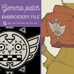 以下が含まれることがあります： 「Gemma patch」と「刺繍ファイル」のテキストが入った刺繍ファイルのデザイン。翼と幾何学模様が特徴的な詳細なエンブレムのデザインです。ファイル形式はテキストの下に記載されています。