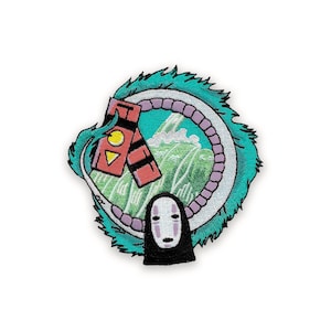 May include: Embroidered patch depicting a teal dragon in a circular design, enclosing a red structure, green hills, and a white-faced character. The dragon has a purple outline and a teal body. Suitable for application on garments or accessories.