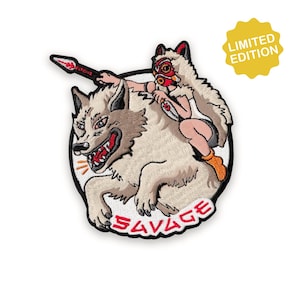 May include: Embroidered patch depicting a wolf with a rider, holding a spear. The rider wears a mask. The word "SAVAGE" is embroidered in red. A yellow "LIMITED EDITION" sticker is in the upper right corner.