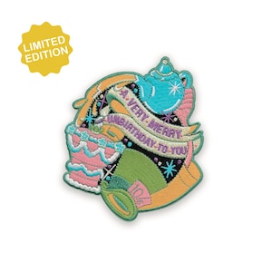 May include: Embroidered patch with a whimsical design featuring a cake, teapot, and banner that reads "A Very Merry Birthday To You." The patch has a pink, teal, green, and orange color scheme, with a "Limited Edition" tag.