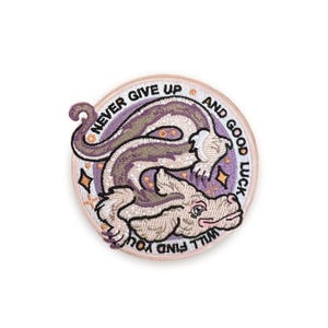 May include: Embroidered patch featuring a stylized dragon in shades of purple, tan, and white, with the text "NEVER GIVE UP AND GOOD LUCK WILL FIND YOU" in a circular design. The patch has a light pink border and star accents.