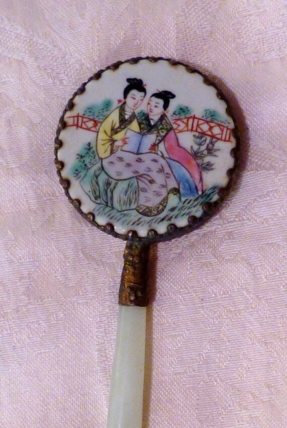 Vintage Japanese Handpainted Mirror with Jade Handle Etsy