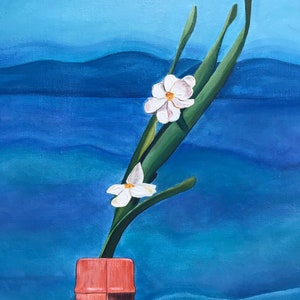 May include: A painting of white flowers in a terracotta vase against a blue and green background.