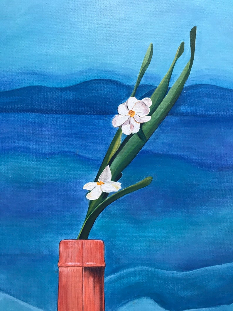 May include: A painting of white flowers in a terracotta vase against a blue and green background.