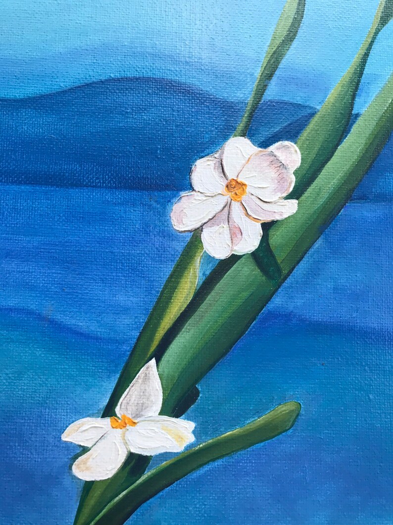 May include: A painting of two white flowers with yellow centers on a green stem against a blue background.