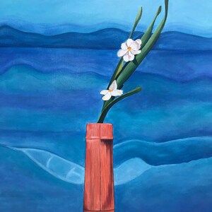 May include: A painting of a single white flower with green stems in a brown vase against a blue and green background.