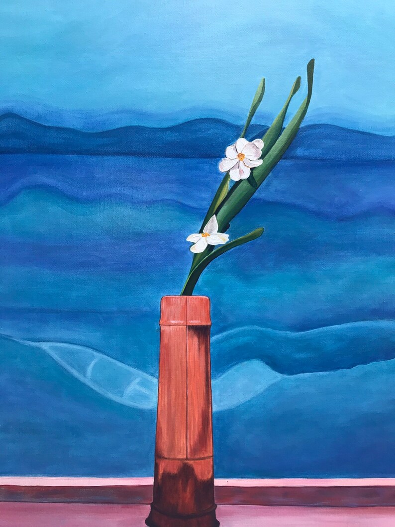 May include: A painting of a single white flower with green stems in a brown vase against a blue and green background.