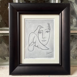 14”x12”Framed Charcoal Drawing - Homage to Picasso -Dove of Peace, Charcoal Drawing on Fine Art Paper in Modern, Black Frame. 14&quot; x 12&quot;.