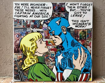 30” x30”Hand-Painted Captain America Collage: Mixed Media Comic Art (30"x30")