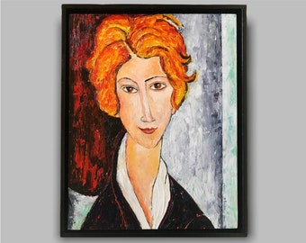 May include: A painting of a woman with red hair. She is wearing a black jacket with a white collar. The background is a mix of red, white, and blue.