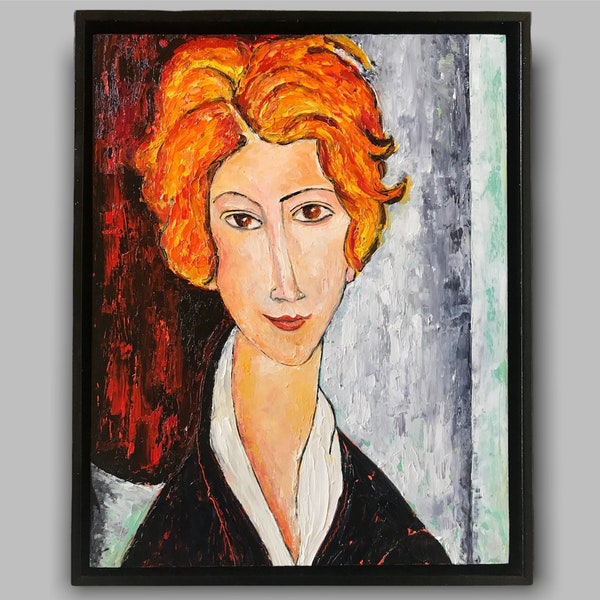 16"x 13"Modigliani. Peinture à l’huile peinte à la main, encadrée. Hommage à Modigliani. Portrait d’une femme aux cheveux roux bouclés. Fraise Blonde