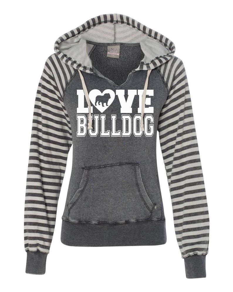 Love Bulldog Striped Sleeve Raglan Hoodie for English Bulldog Lovers bulldog sweatshirt love bulldog bulldog clothing bulldog gift