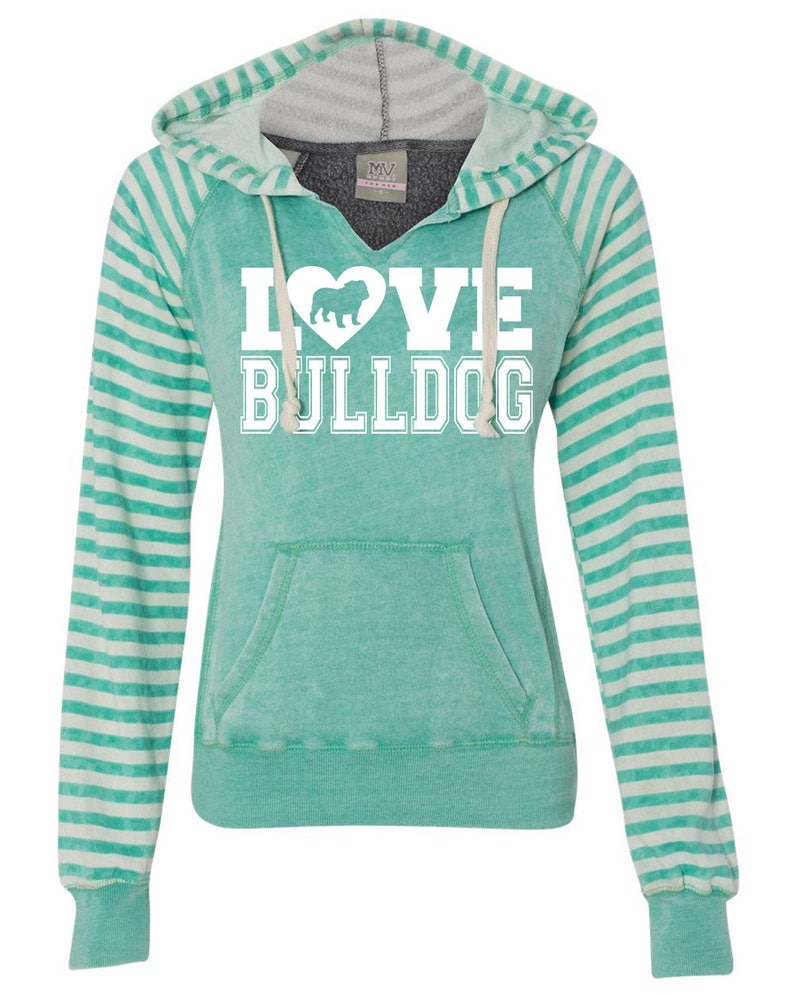 Love Bulldog Striped Sleeve Raglan Hoodie for English Bulldog Lovers bulldog sweatshirt love bulldog bulldog clothing bulldog gift