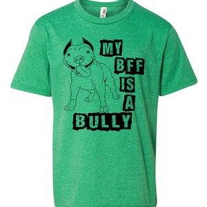 May include: Green t-shirt featuring a black and white illustration of a pit bull dog. The text "My BFF is a Bully" is printed on the shirt.