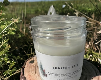 Driftwood+Juniper candle, coco apricot wax,vegan,gluten-free,phthalate toxin free,paraben free,renewably sourced, crackling wood wick