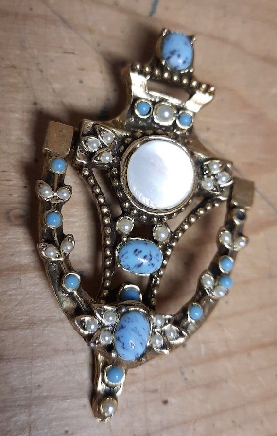 Door Knocker Brooch w Faux Turquoise and Pearls