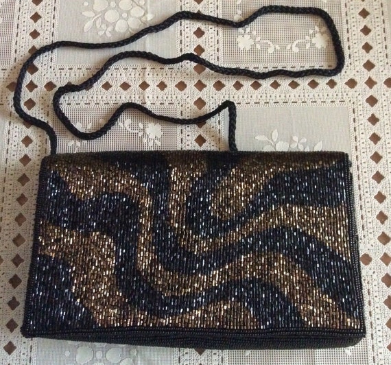 80's Classic Black and Gold Beaded Evening Bag - image 1