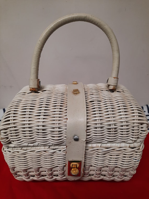 Vtg White Wicker Lunchbox Handbag by Babette