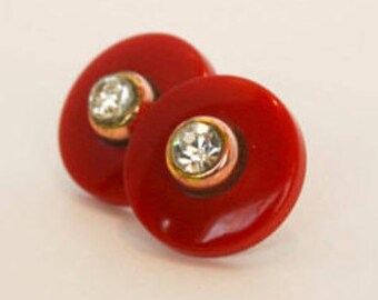 Red Lucite and Rhinestone Earrings