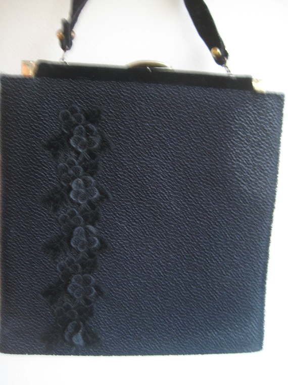 VTG Black Faye Mell Designs Handbag with Velvet Fl