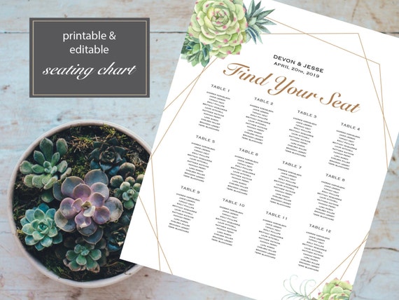 Succulent Wedding Seating Chart Template Boho Wedding Seating Etsy