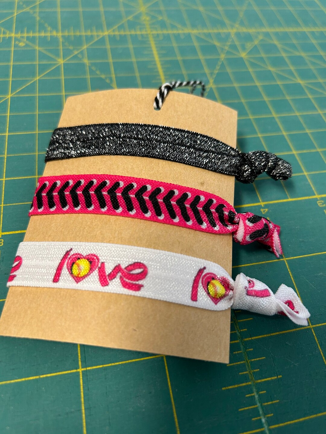 Pink Softball Hair Ties, 3 Ties, Girls Softball Hair Bands, Set of Hair