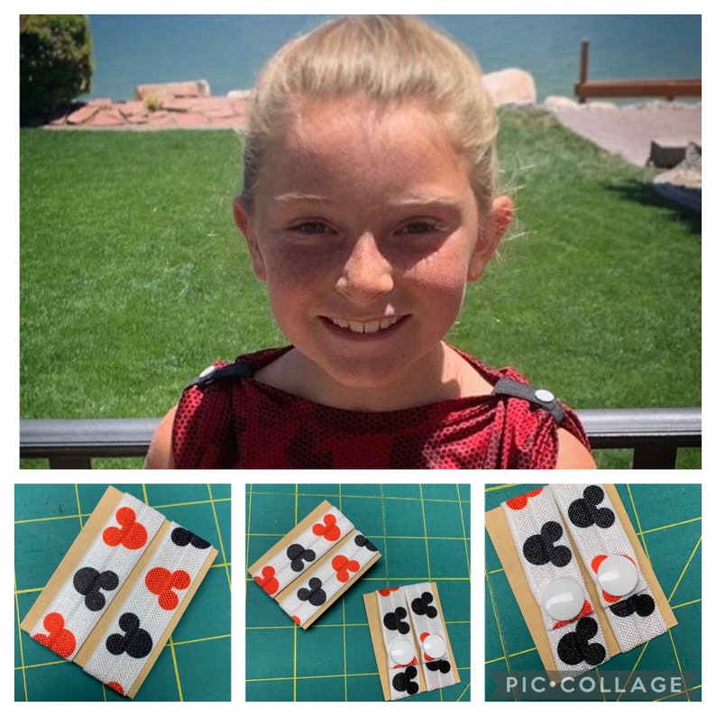 May include: A collage of images showing a person wearing a red top with black details. The lower images display elastic straps with a Mickey Mouse head pattern in red and black. The straps are attached to cardboard with white buttons.
