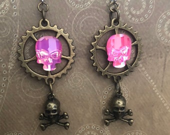 Steampunk Pink Crystal Skull Earrings (Black light)