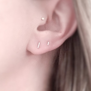 May include: A close-up of a person's ear with two small, thin, silver bar earrings. The earrings are in the lobe of the ear.