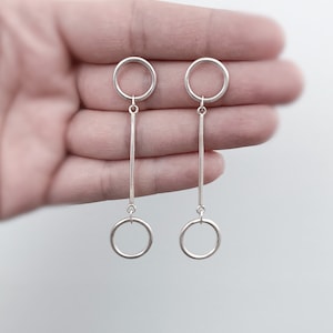 Sterling Silver Circle Bar Dangle Earrings: Geometric Modern Jewelry