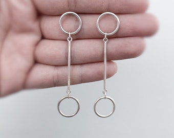 Shadow Self - Circle and Bar Earrings, Tethered Hoop and Bar Earrings in Silver, Brass, or Copper