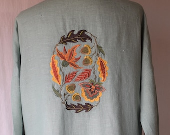 Veste pour femme non structurée en lin, brodée de motifs de feuilles d'automne jacobéennes ; Veste de dîner décontractée, veste de fête, veste d'artiste