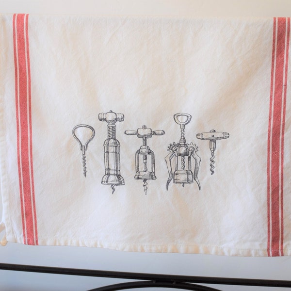 Cotton Tea towel embroidered with wine openers; Bar cart; Wine towel; Party towel; Kitchen towel; Hostess gift; Wine Cellar Decor