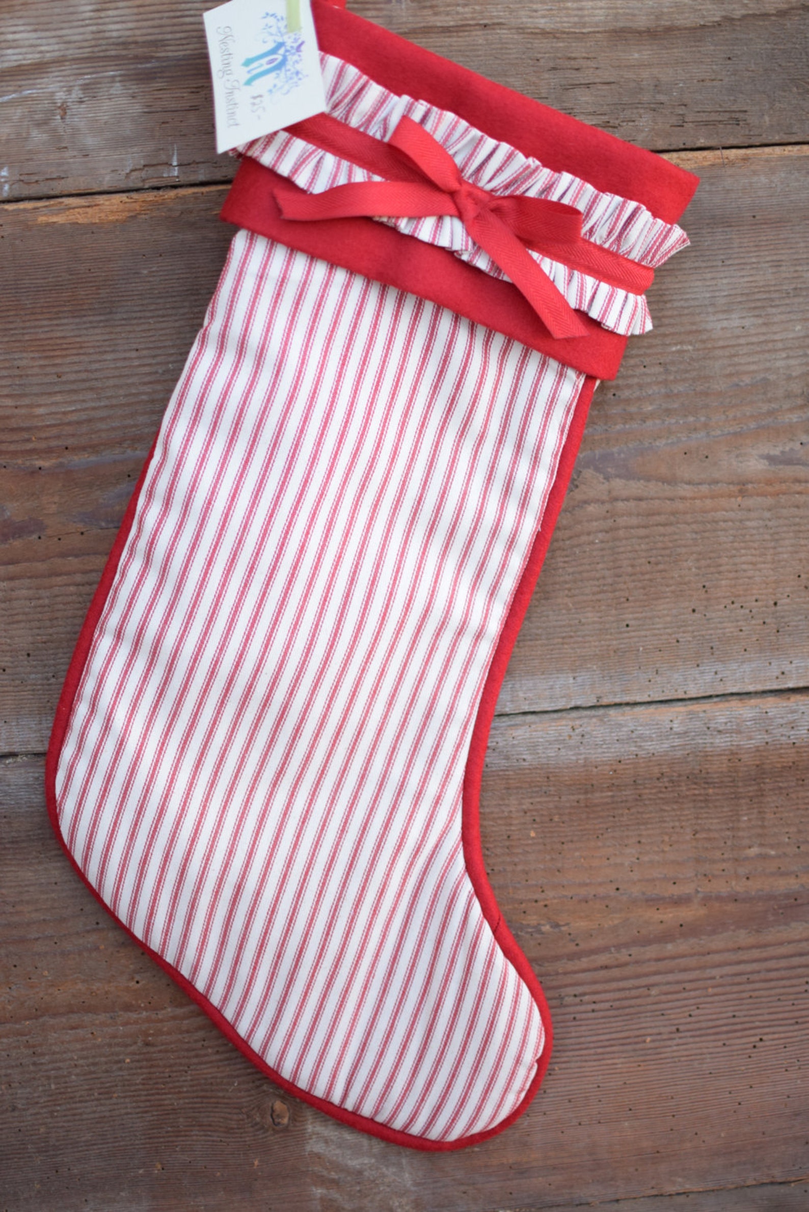 Red/cream Pillow Ticking Christmas Stocking, Fully Lined. Can Be Made to Order Monogrammed Etsy