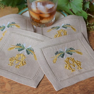 Set of 4 Embroidered Linen Cocktail Napkins, Farm to Table Design, Personalized with 2 Letter Antique Monogram; Handmade napkins
