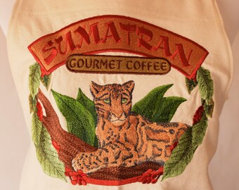 Tablier du chef brodé de tigre de Sumatra et de café gourmet, lavable, sangle de cou réglable