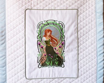 Crib/Stroller Blanket Embroidered with Fair Celtic Maiden in Thistles, Backed with Fuschia Fleece, Warm Batting Between Layers, Washable