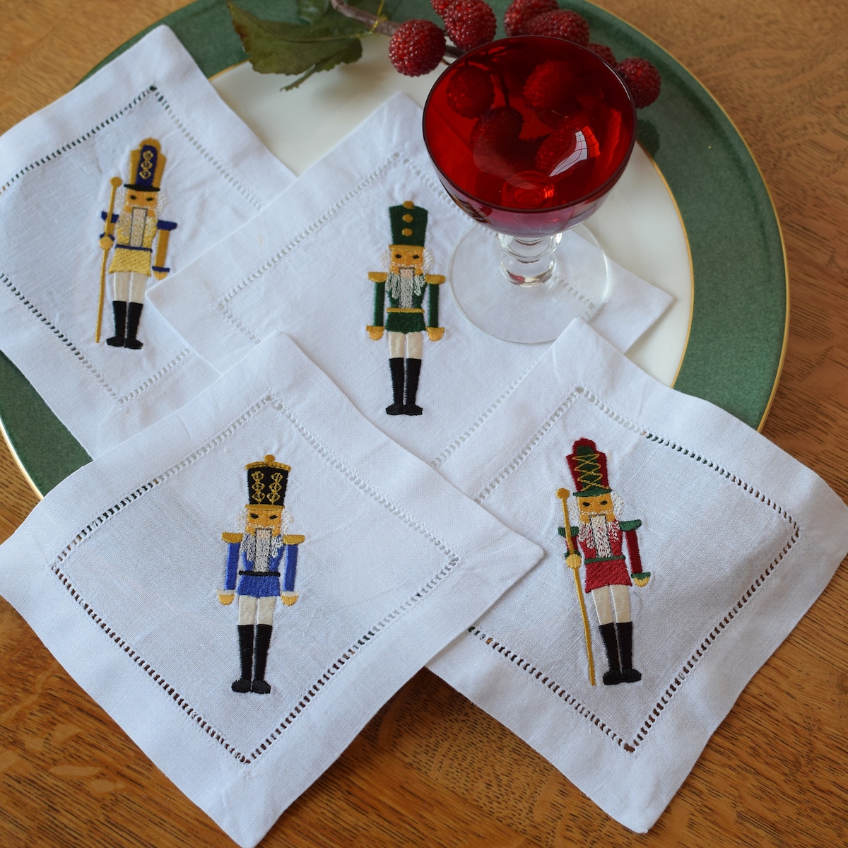 Set of 4 Embroidered Linen Cocktail Napkins